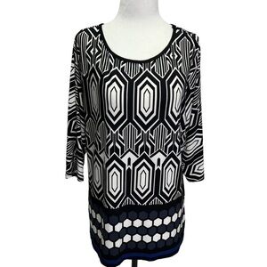 Frank Lyman Black/White Geometric Print 3/4 Sleeve Tunic Top Size 14